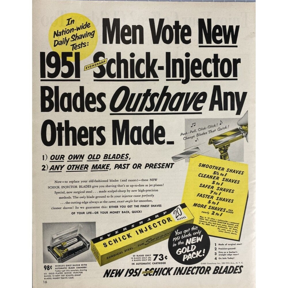 Eversharp Schick Injector Blade "Voted to Outshave Any Other Blade" Print Ad '51